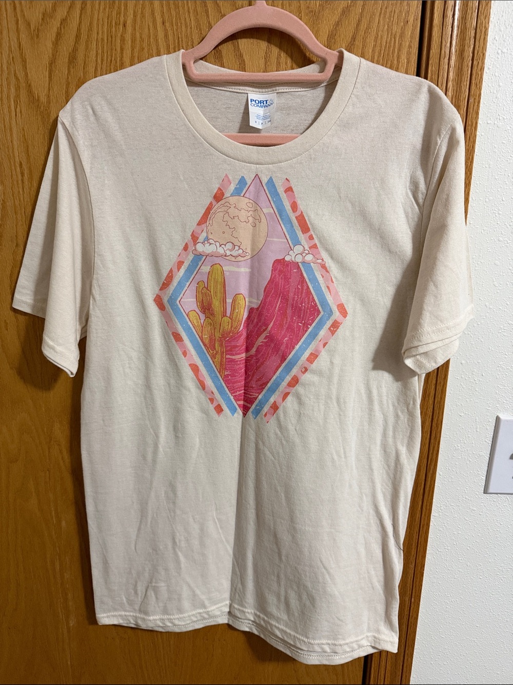 Handmade, one of one, Cream Short Sleeve Tee with Pink Desert Graphic